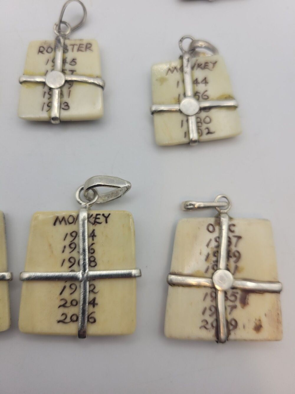 Vintage Hand-Carved Bone Chinese Zodiac Pendant Lot 10pc Sterling Silver READ - Picture 10 of 12